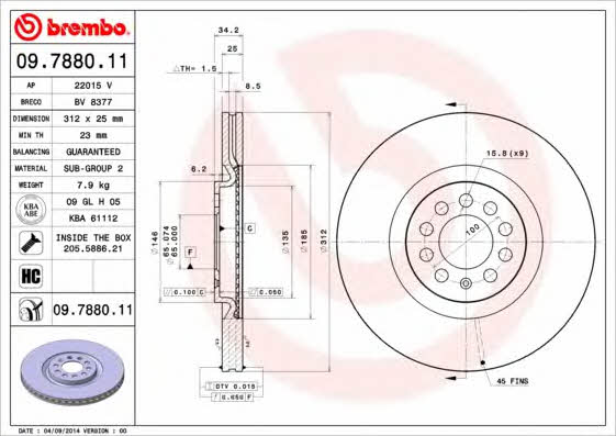 Тормозной диск вентилируемый с перфорацией Brembo 09.7880.1X