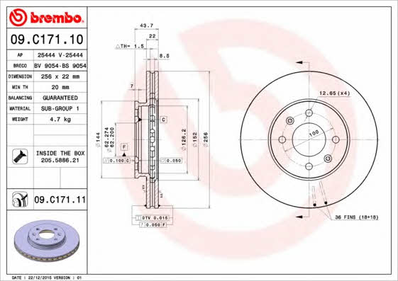 Диск гальмівний передній вентильований Brembo 09.C171.11
