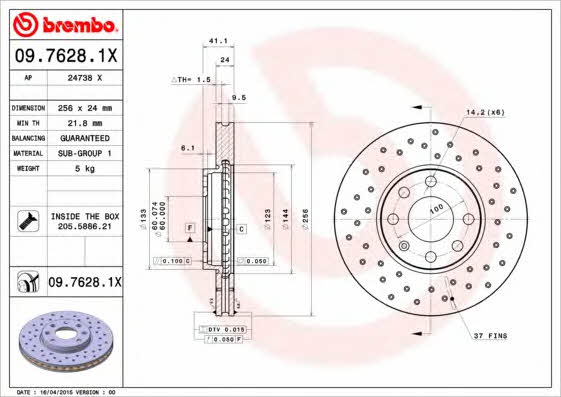 Диск гальмівний вентильований з перфорацією Brembo 09.7628.1X
