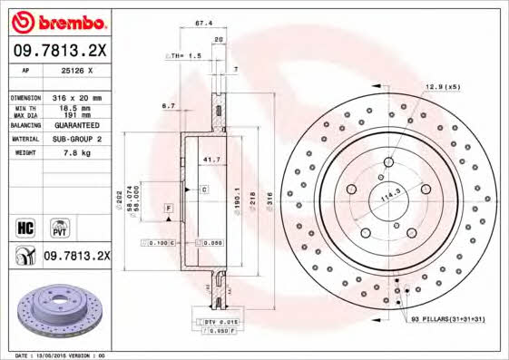 Тормозной диск вентилируемый с перфорацией Brembo 09.7813.2X