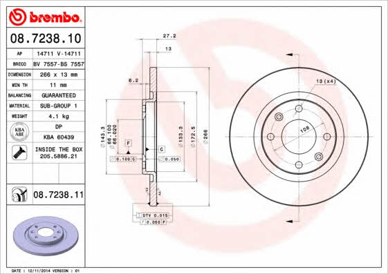 Тормозной диск передний невентилируемый Brembo 08.7238.11