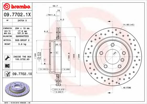 Тормозной диск задний вентилируемый Brembo 09.7702.1X