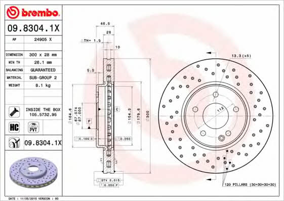 Тормозной диск вентилируемый с перфорацией Brembo 09.8304.1X