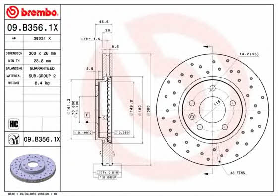 Диск гальмівний вентильований з перфорацією Brembo 09.B356.1X