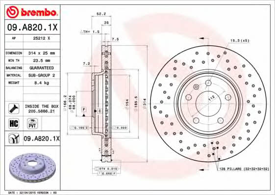 Тормозной диск вентилируемый с перфорацией Brembo 09.A820.1X