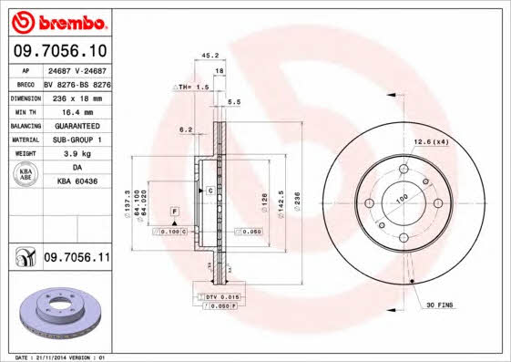 Диск гальмівний вентильований, 1 шт. Brembo 09.7056.11