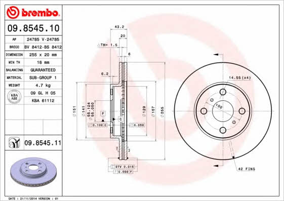 Тормозной диск передний вентилируемый Brembo 09.8545.11