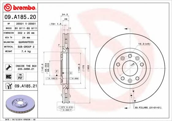 Тормозной диск вентилируемый, 1 шт. Brembo 09.A185.21