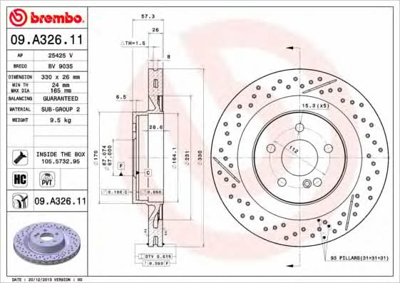 Тормозной диск вентилируемый со слотированием и перфорацией Brembo 09.A326.11
