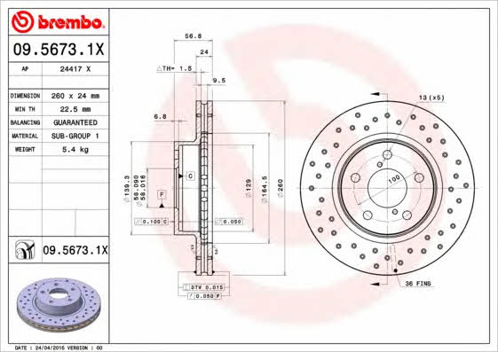 Тормозной диск вентилируемый с перфорацией Brembo 09.5673.1X