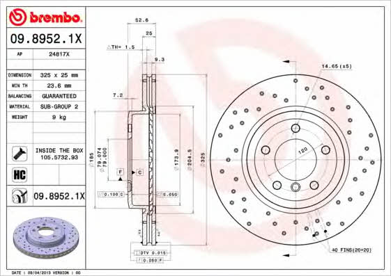 Тормозной диск вентилируемый с перфорацией Brembo 09.8952.1X