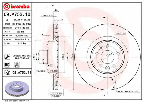 Тормозной диск вентилируемый, 1 шт. Brembo 09.A752.11