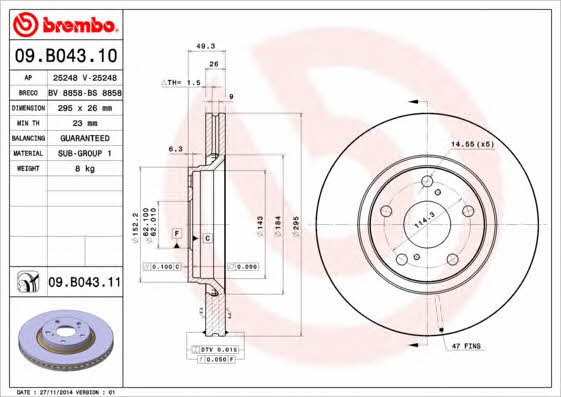 Тормозной диск передний вентилируемый Brembo 09.B043.11