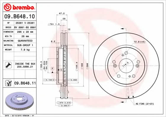 Диск гальмівний передній вентильований Brembo 09.B648.10