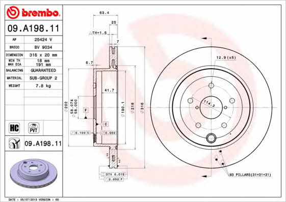 Тормозной диск задний вентилируемый Brembo 09.A198.11