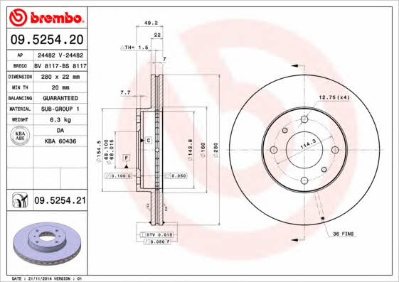 Тормозной диск вентилируемый, 1 шт. Brembo 09.5254.21