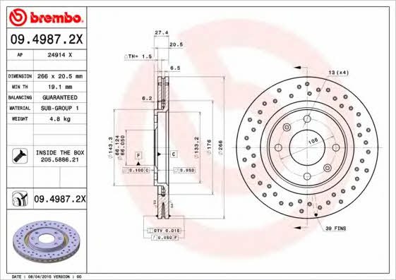 Тормозной диск вентилируемый с перфорацией Brembo 09.4987.2X