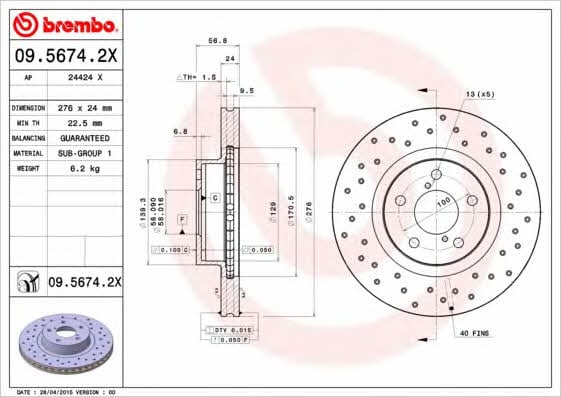 Тормозной диск вентилируемый с перфорацией Brembo 09.5674.2X