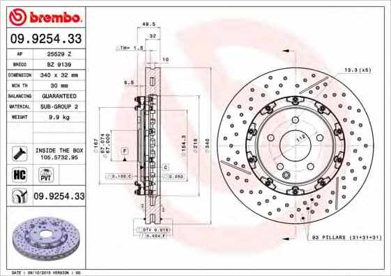 Тормозной диск вентилируемый со слотированием и перфорацией Brembo 09.9254.33
