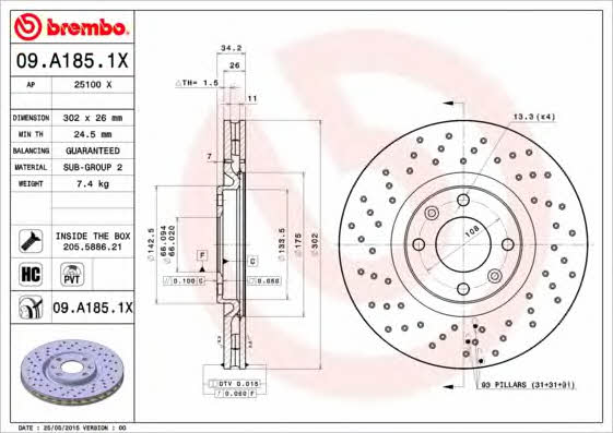 Тормозной диск вентилируемый с перфорацией Brembo 09.A185.1X