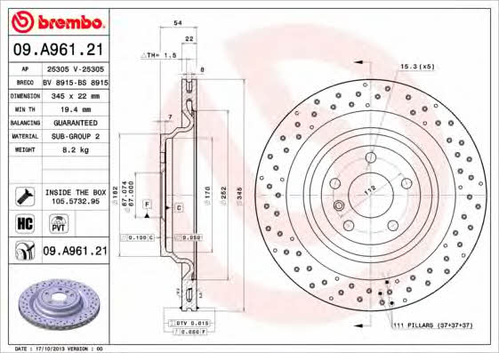 Тормозной диск вентилируемый с перфорацией Brembo 09.A961.21