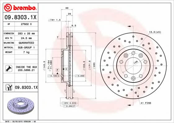 Тормозной диск вентилируемый с перфорацией Brembo 09.8303.1X