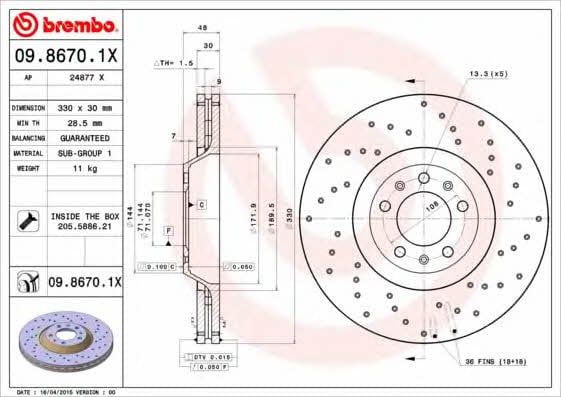 Тормозной диск вентилируемый с перфорацией Brembo 09.8670.1X