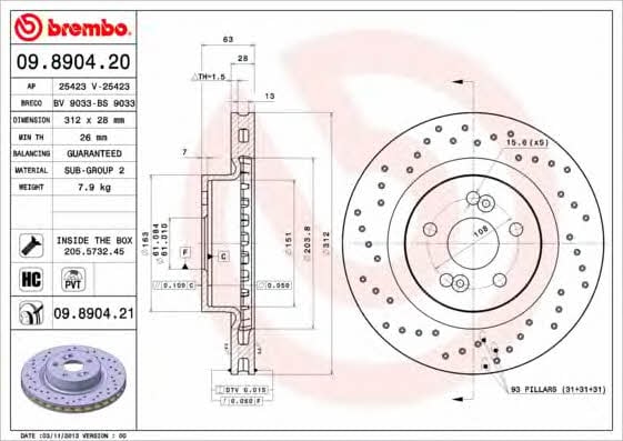 Диск гальмівний вентильований з перфорацією Brembo 09.8904.21
