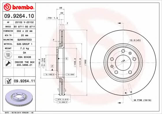 Тормозной диск задний вентилируемый Brembo 09.9264.11