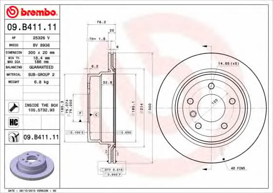 Тормозной диск задний вентилируемый Brembo 09.B411.11