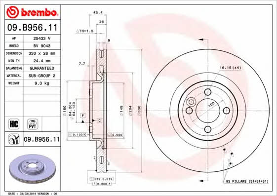 Тормозной диск вентилируемый, 1 шт. Brembo 09.B956.11
