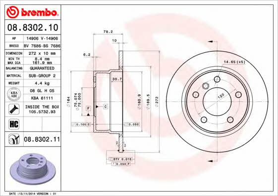 Тормозной диск задний невентилируемый Brembo 08.8302.11