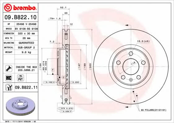 Тормозной диск вентилируемый, 1 шт. Brembo 09.B822.11