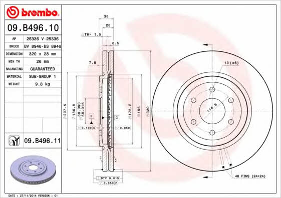 Тормозной диск вентилируемый, 1 шт. Brembo 09.B496.11