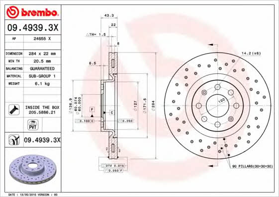Тормозной диск вентилируемый с перфорацией Brembo 09.4939.3X