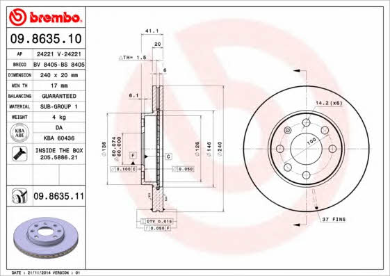Тормозной диск передний вентилируемый Brembo 09.8635.11