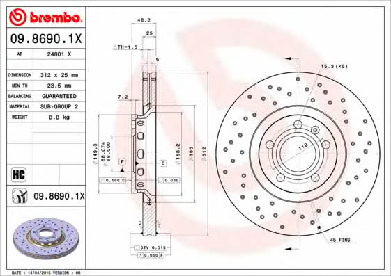 Тормозной диск вентилируемый с перфорацией Brembo 09.8690.1X