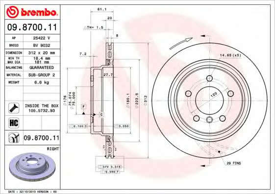 Тормозной диск вентилируемый, 1 шт. Brembo 09.8700.11