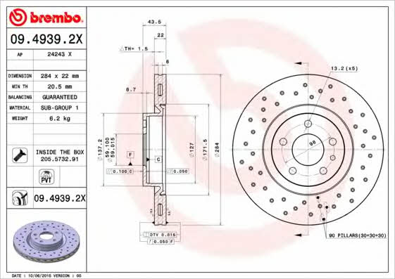 Тормозной диск вентилируемый с перфорацией Brembo 09.4939.2X