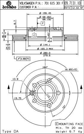 Тормозной диск вентилируемый, 1 шт. Brembo 09.7131.11