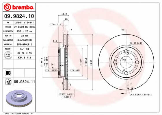Тормозной диск вентилируемый, 1 шт. Brembo 09.9824.11