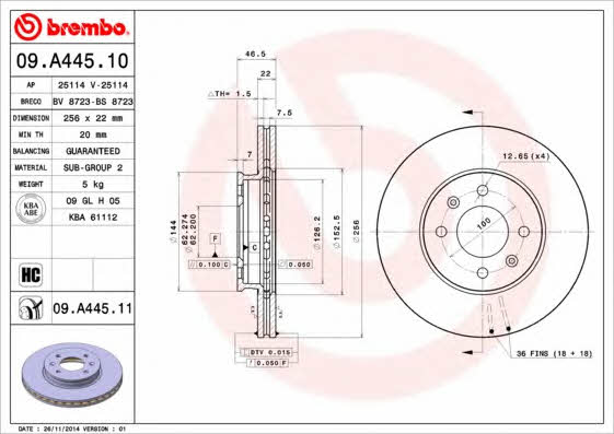 Тормозной диск вентилируемый, 1 шт. Brembo 09.A445.11