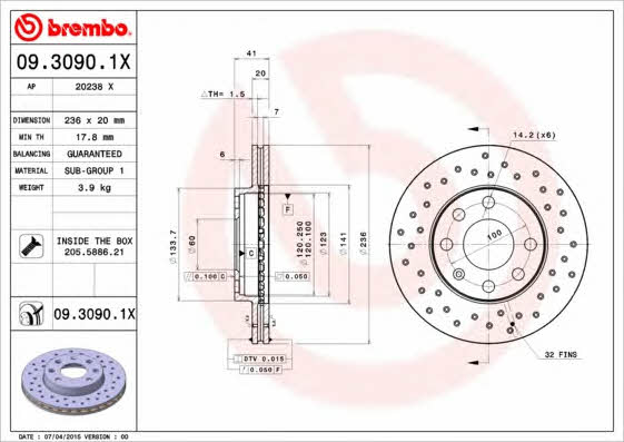 Тормозной диск вентилируемый с перфорацией Brembo 09.3090.1X