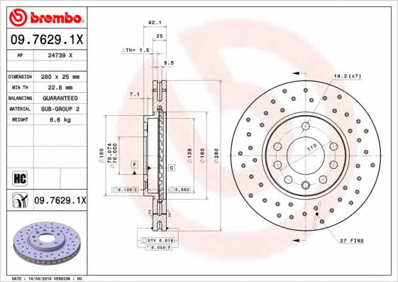 Тормозной диск вентилируемый с перфорацией Brembo 09.7629.1X