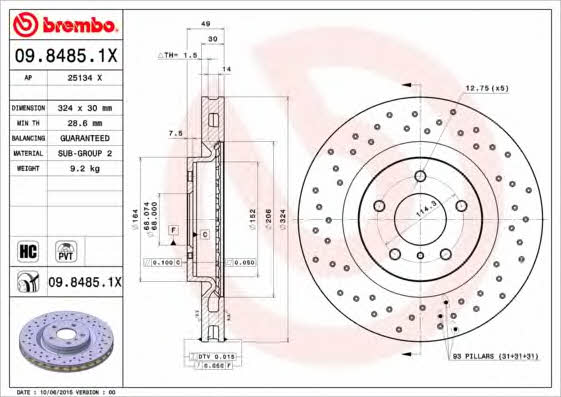 Тормозной диск вентилируемый с перфорацией Brembo 09.8485.1X