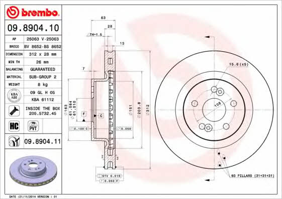 Тормозной диск вентилируемый, 1 шт. Brembo 09.8904.11