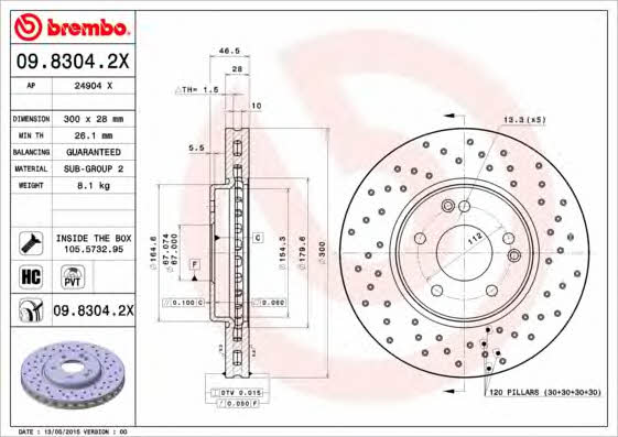 Тормозной диск вентилируемый с перфорацией Brembo 09.8304.2X