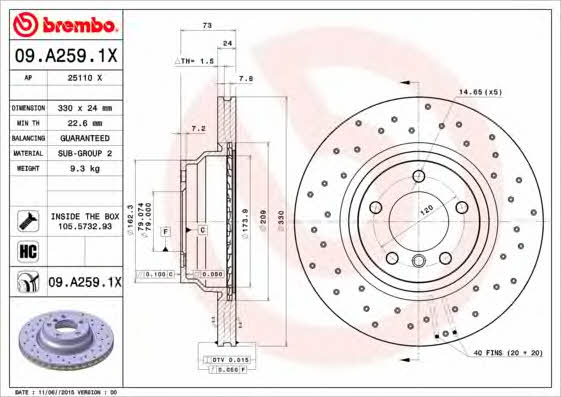 Тормозной диск вентилируемый с перфорацией Brembo 09.A259.1X