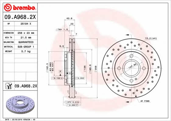 Тормозной диск вентилируемый с перфорацией Brembo 09.A968.2X