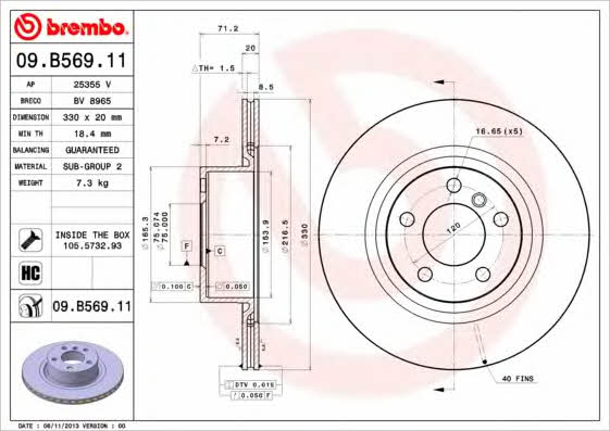 Тормозной диск задний вентилируемый Brembo 09.B569.11